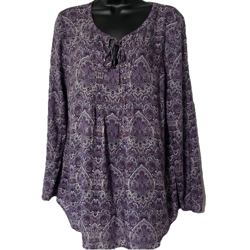 J. Jill Women's Tunic Blouse Top M Purple Paisley Rayon Boho Peasant Cottagecore